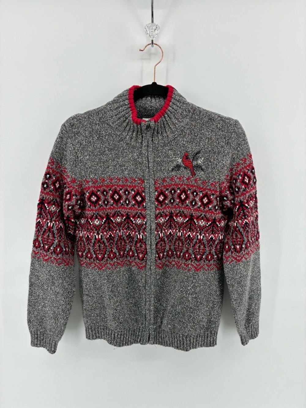 Gray and Red Patterned Zip-Up Women’s Metallic Patterned Knit Sweater Cardinal